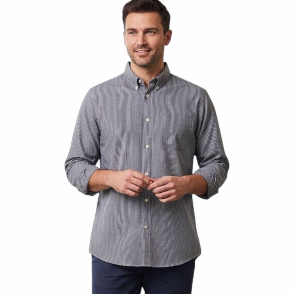 EDDIE BAUER Men’s Gray White Striped Long Sleeve Button Down Shirt Size XL